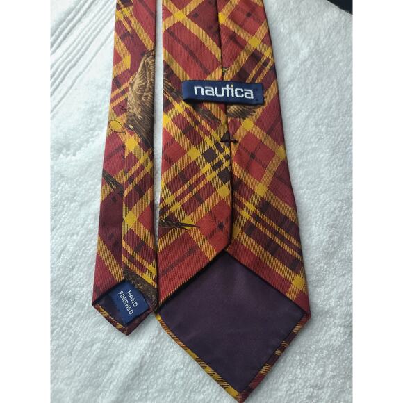 Nautica red yellow plaid pheasant bird silk tie - Picture 2 of 7